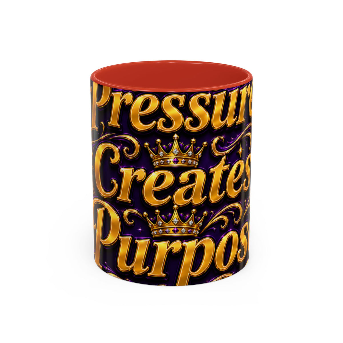 Accent Coffee Mug — "Pressure Creates Purpose" Inspirational Gold Script Coffee Mug